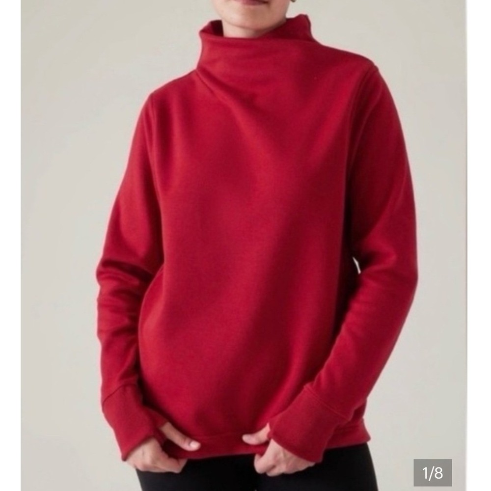 Athleta Cozy Karma Sweatshirt Size M Red‎ Funnel Neck Fleece Pullover Lounge Ath